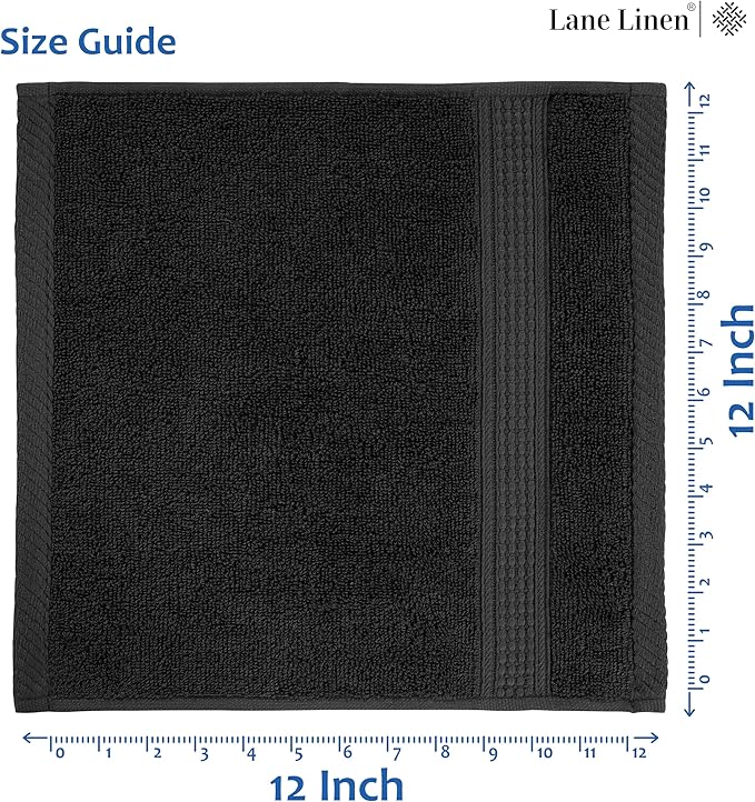 LANE LINEN 100% Cotton Washcloths 24 Pack - Spa & Salon Quality Face Towels - Ring Spun, Soft & Absorbent Wash Cloths for Body, Beauty, Home, Gym - Fingertip Towels Set- 13"x13", Black Washcloths
