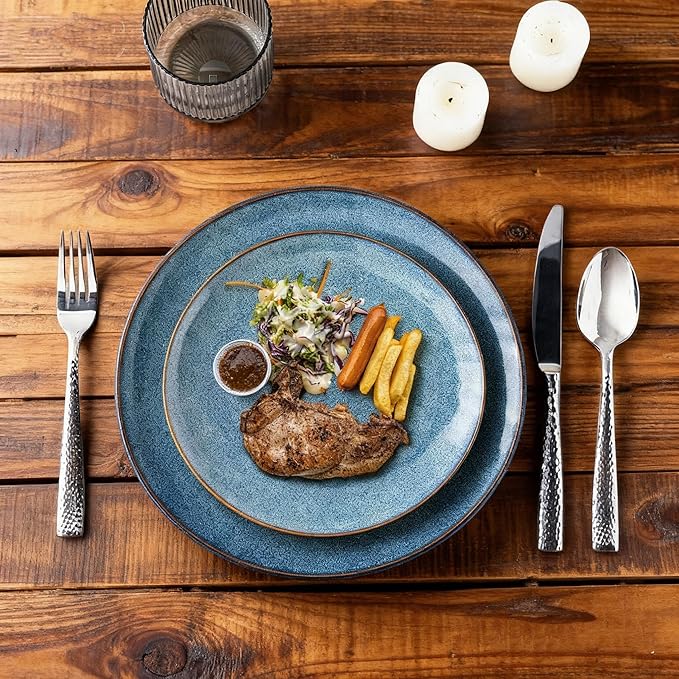 AmorArc Ceramic Dinnerware Sets for 4, 12 Pieces Handpainted Plates and Bowls Set, Scratch Resistant Stoneware Dishes Set, Dishwasher & Microwave Safe, Ceylon Blue