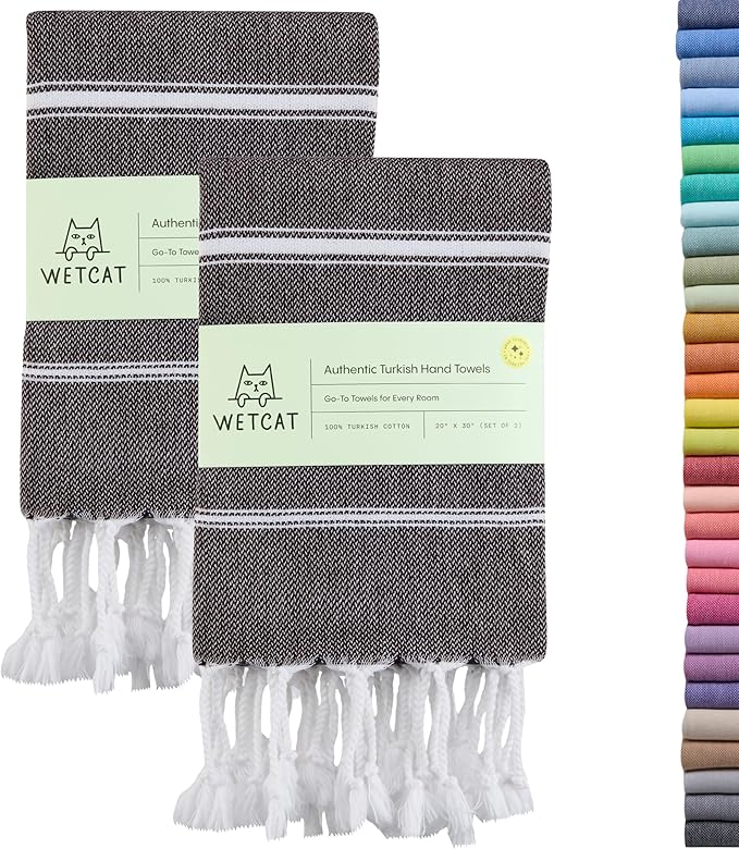 WETCAT Turkish Hand Towels with Hanging Loop, Set of 2 (20" x 30") 100% Turkish Cotton, Pre-Washed, Quick Drying, for Kitchen or Bathroom - Black