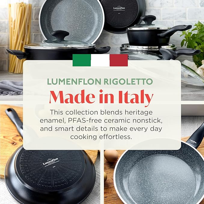 Rigoletto 11” Nonstick Wok Pan, Made in Italy, Layered Ceramic PFAS-Free Surface, Induction Ready Skillet, Dishwasher & Metal Utensil Safe, Granite Finish, Stay-Cool Handle, Black