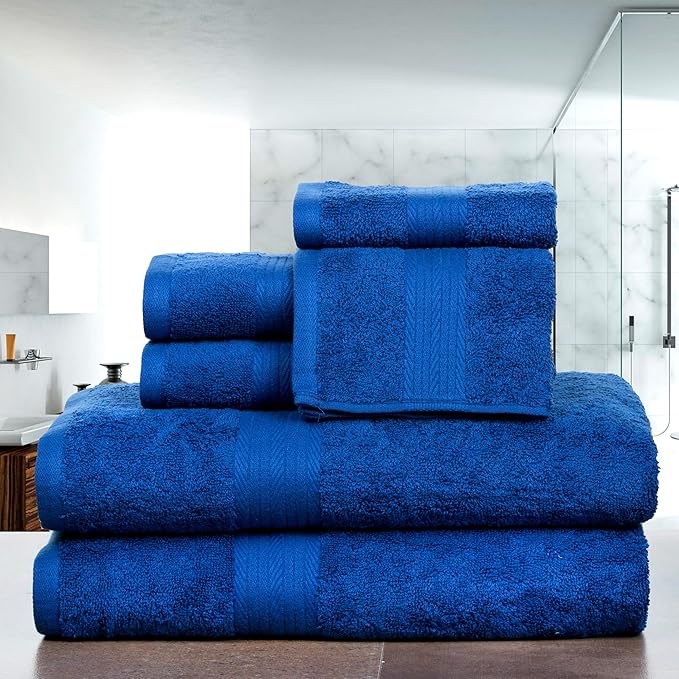 Ample Decor 100% Cotton 6 Piece Towels Sets for Bathroom, 2 Bath Towels, 2 Hand Towels, 2 Wash Cloths - Navy Blue