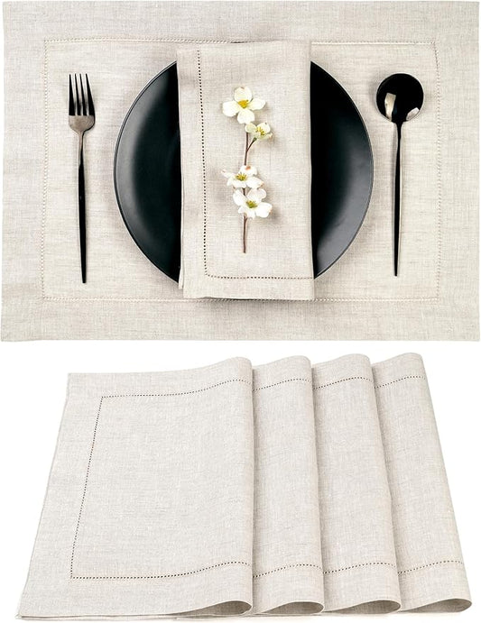 D'Moksha Homes Light Natural Linen Cloth Placemats Set of 4-100% Pure Linen Hemstitch Placemats 14 x 19 Inch - Classic Hemstitch Table Place Mats for Christmas - Handcrafted, Machine Washable