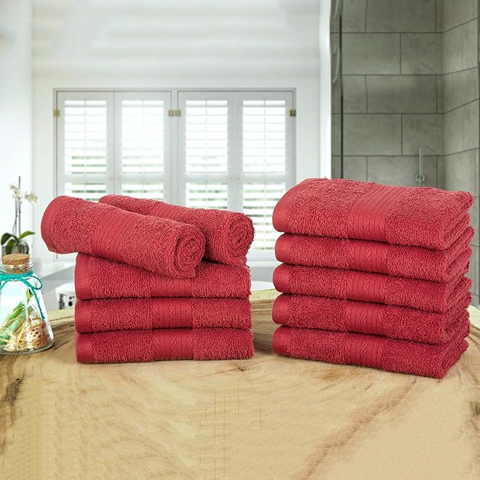 Ample Decor Wash Cloths Pack of 10, 600 GSM 100% Cotton Soft Absorbent, Premium Quality Durable, Ideal for Bathroom, Pool, Hotel, Spa - Christmas Red