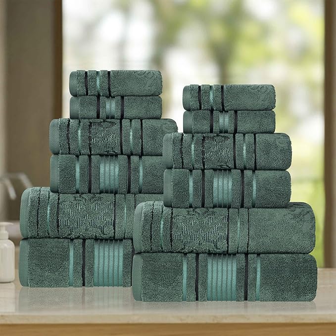 Superior Cotton 12 Piece Assorted Floral Towel Set, 4 Bath, 4 Hand, 4 Washcloth/Face Towels, Quick Dry, Home Essentials, Shower, Spa, Luxury Plush Soft Absorbent Towels, Zero Twist, Forest Green