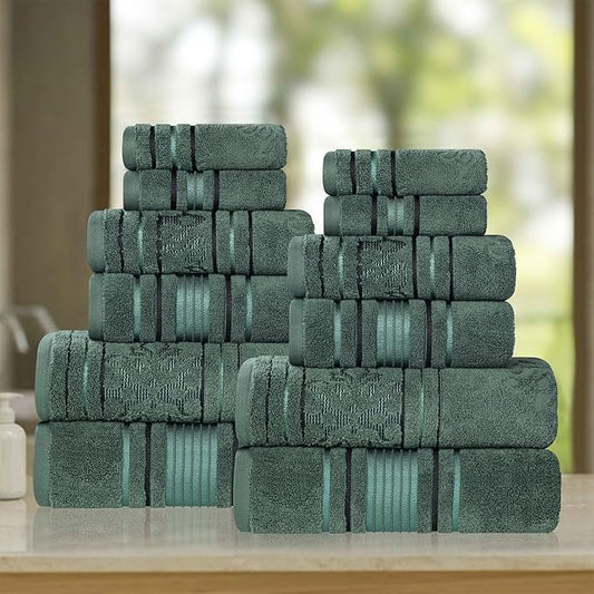 Superior Cotton 12 Piece Assorted Floral Towel Set, 4 Bath, 4 Hand, 4 Washcloth/Face Towels, Quick Dry, Home Essentials, Shower, Spa, Luxury Plush Soft Absorbent Towels, Zero Twist, Forest Green