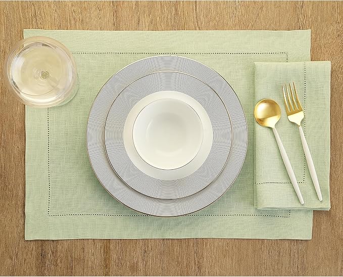 Solino Home Linen Napkins Set of 4 - Classic Hemstitch 100% Pure Linen Sage Green Dinner Napkins Cloth 20 x 20 Inch for Winter, New Year - Handcrafted and Machine Washable
