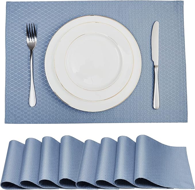 Place Mats Set of 8 – Rectangle Rectangular Waterproof Fabric Polyester Cloth Washable Wipeable Heat Resistant Placemats for Kitchen Dining Dinner Table Indoor 13 x 19 Inch Light Blue