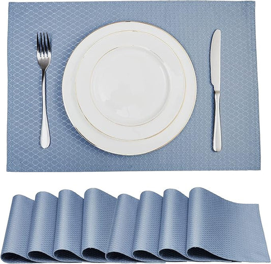 Place Mats Set of 8 – Rectangle Rectangular Waterproof Fabric Polyester Cloth Washable Wipeable Heat Resistant Placemats for Kitchen Dining Dinner Table Indoor 13 x 19 Inch Light Blue
