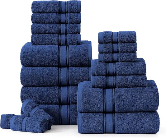 LANE LINEN 100% Mercerized Cotton Bath Towel Set of 18 – Zero Twist Shower Towels, 6 Bath, 6 Hand Towel & 6 Washcloths, Quick-Dry, Luxuriously Soft & Durable, Perfect for Everyday use – Navy