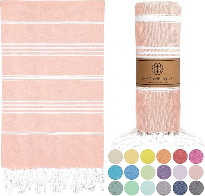 Madamelique Turkish Beach Towel Oversized - 39 x 74 - Prewashed Beach Towels Oversized - Quick Dry - Sand Free - Beach Essentials - Travel Towel - Hand Loomed (Mediterranean Without Bag, Salmon)