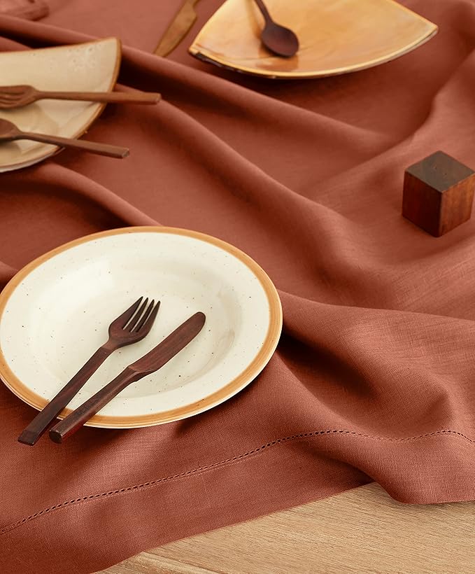 Solino Home Linen Cinnamon Tablecloth 52 x 52 Inch - 100% Pure Linen Square Table Throw - Classic Hemstitch, Machine Washable Table Cloth