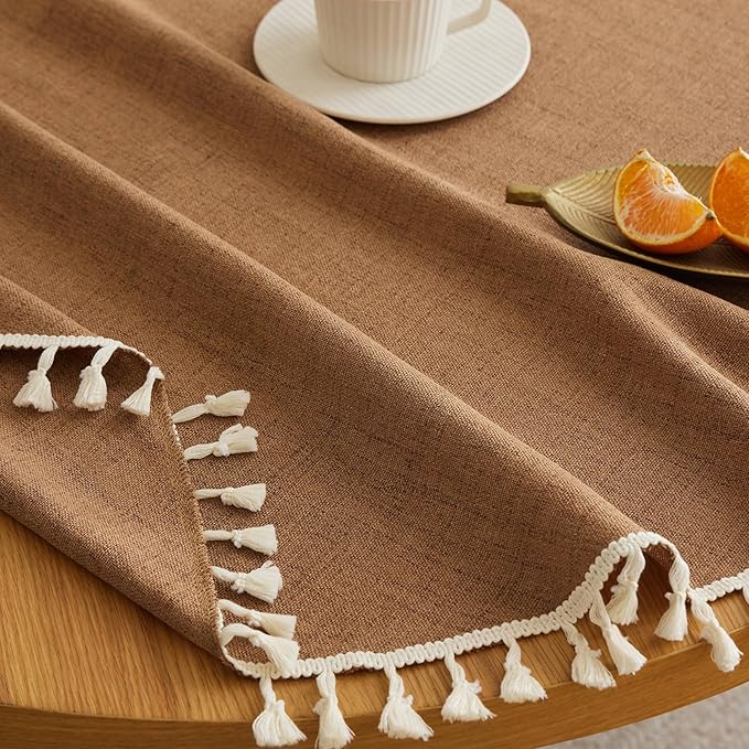 Linen Tablecloth with Tassels, Farmhouse Style Brown Tablecloth, Water Resistant Burlap Tablecloths for Round Table, 60 Inch Round Caramel