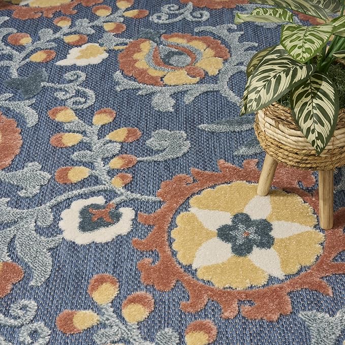 Nourison Home Aloha Blue Rose 7'10" x 10'6" Area Rug - Easy Clean, Non Shedding, Bed Room, Living Room, Dining Room, Kitchen (8' x 11')