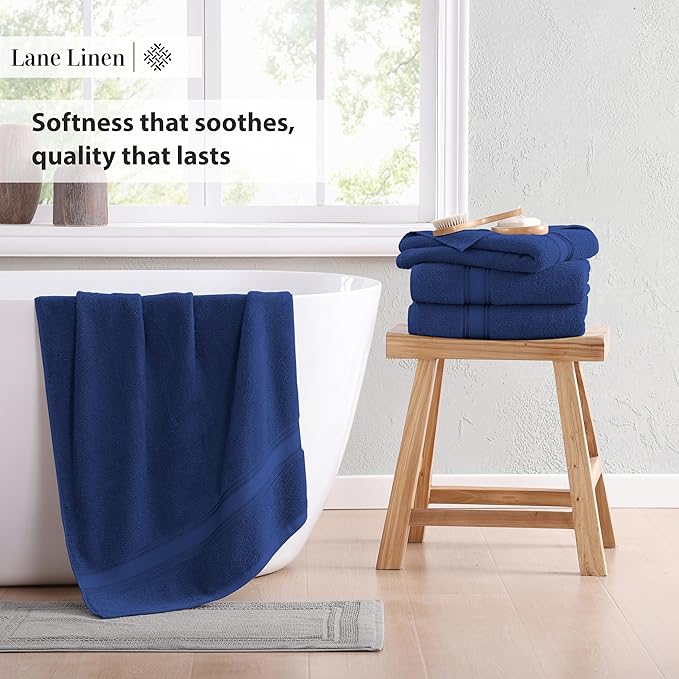 LANE LINEN 100% Mercerized Cotton Towels Set 12 – Zero Twist, 4 Bath Towels, 4 Hand Towel & 4 Washcloths, Stays Plush After Washes, Ideal for Spa, Hotel & Family Bathrooms, Highly Absorbent – Navy