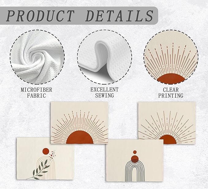 Boho Abstract Red Sunshine Kitchen Towels and Dishcloths Set of 4, Boho Mid Century Modern Abstract Minimalist Sunshine Drying Cloth Hand Dish Tea Towels for Bathroom Kitchen, 16x24 Inches