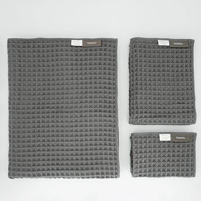 Luxury Organic Japanese Cotton Waffle Bath Towel | Thick, Absorbent, Quick Dry Bathroom Towels for Shower, Sauna, Onsen| Hotel & Spa Quality, Gift-Ready (Smoke Grey, Bath Towel Set (3-Piece))