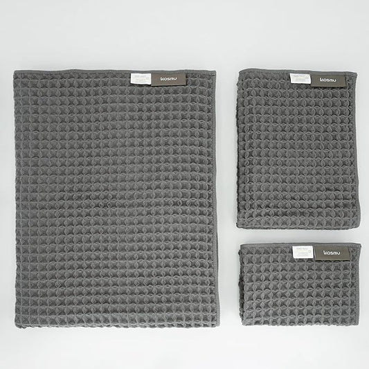 Luxury Organic Japanese Cotton Waffle Bath Towel | Thick, Absorbent, Quick Dry Bathroom Towels for Shower, Sauna, Onsen| Hotel & Spa Quality, Gift-Ready (Smoke Grey, Bath Towel Set (3-Piece))
