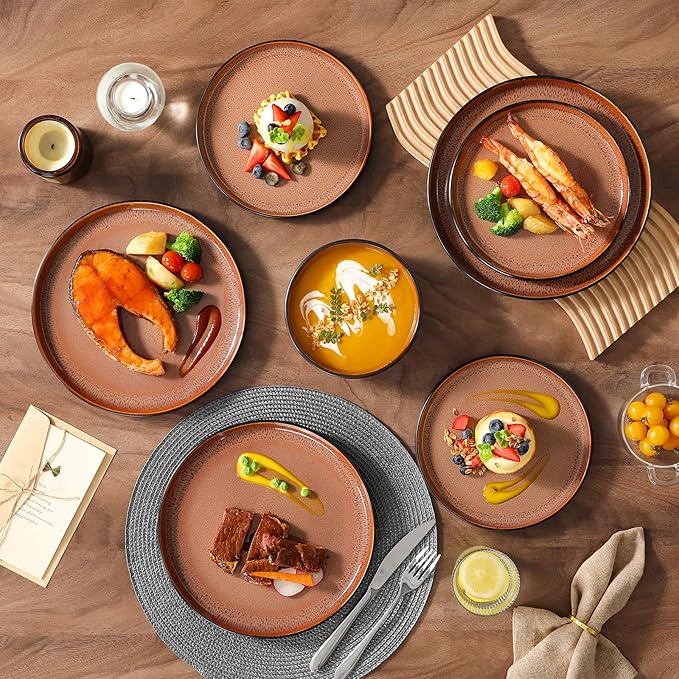 vancasso Plates and Bowls Sets, 18 Pieces Stoneware Dinnerware Sets for 6, Kitchen Dish Set Mircowave and Dishwasher Safe Ceramic Dishware, Dark Brown, Series AMBER