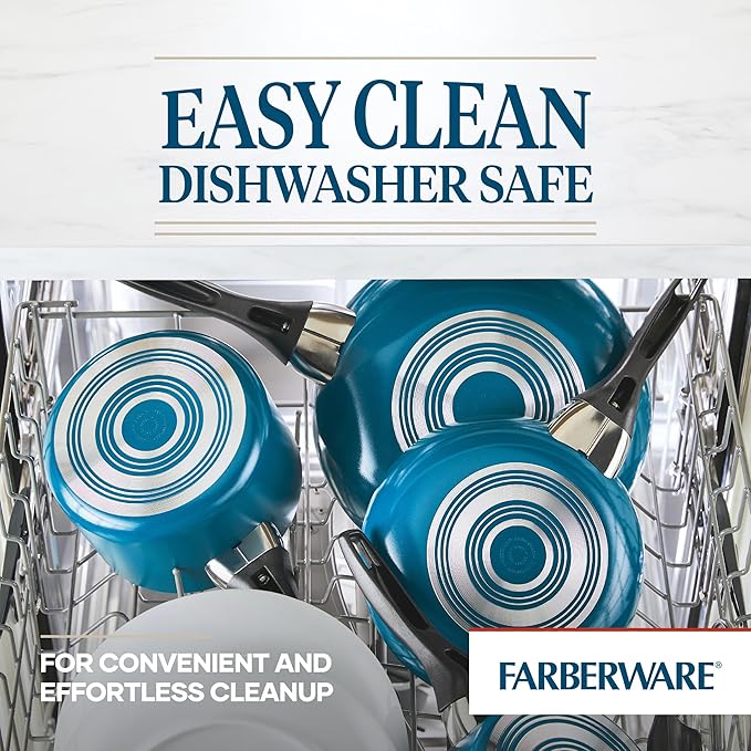 Farberware 20361 Dishwasher Safe Nonstick Cookware Set / Pots and Pans Set - 15 Piece, Blue