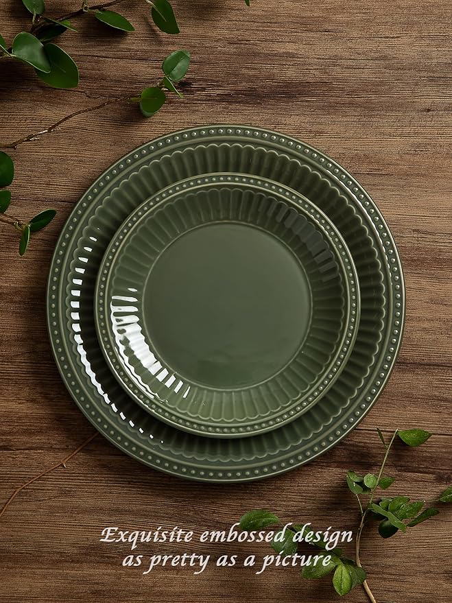 Famiware Garden Plates and Bowls Set, 12-Piece Dishes Set for 4, Scratch Resistant Kitchen Dishes Dinnerware Set - Microwave and Dishwasher Safe, Reactive Glaze and Embossed Stoneware, Dark Green