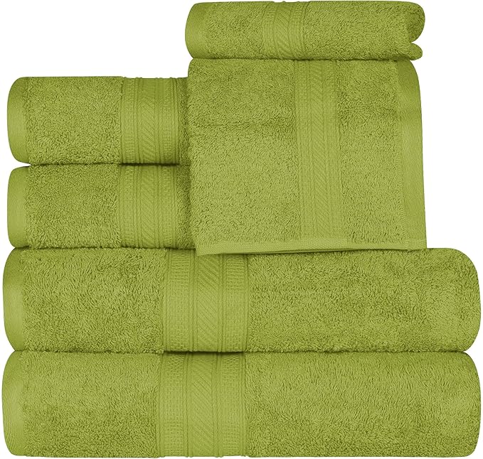Superior 700 GSM Long Staple 100% Combed Cotton, Durable, Plush and Absorbent 6-Piece Single Ply Towel Set - Green Essence