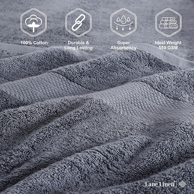 LANE LINEN 100% Cotton Luxury Bath Towel Set - 16 Pieces - Ring Spun, Super Soft & Highly Absorbent - 4 Bath, 8 Washcloths, 4 Hand Towels for Bathroom - Holds Well After Multiple Washes - Cool Grey