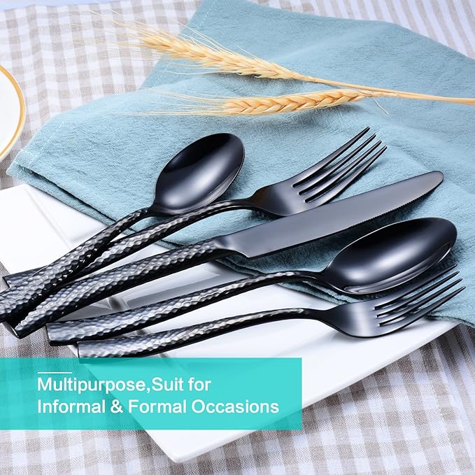 Silverware Set Black Hammered Pattern Flatware Cutlery Stainless Steel Utensil 20 Pieces Spoons Forks and Knives Service for 4