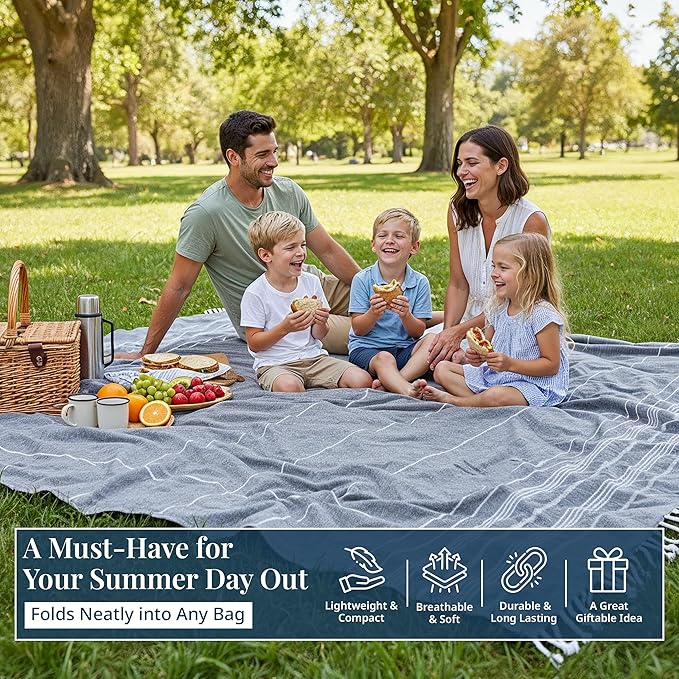 LANE LINEN Beach Blanket – Sand-Free, Extra-Large Picnic Mat, Quick-Dry, Pre-Washed Design (82"x82"), Beach Essentials for Family Picnics and Poolside Relaxation, Machine Washable – Smoky Black