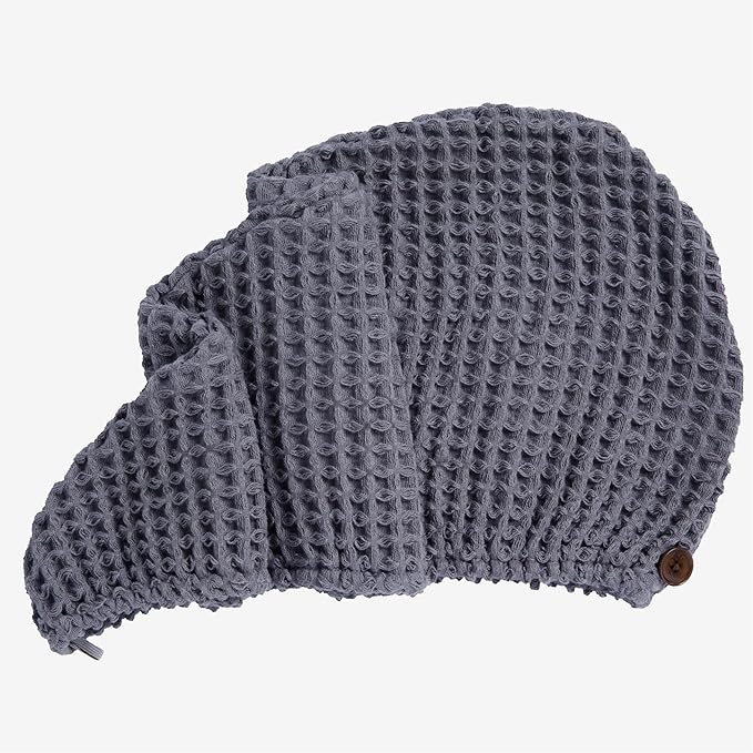 100% Organic Cotton Hair Drying Waffle Towel Wrap for Women | Absorbent & Quick Dry Head Turban for Wet Hair in Shower Sauna Spa, Extra Large for Long Straight Curly Plopping Button (Grey, 1 PACK)