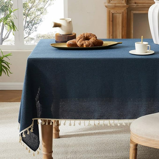Linen Tablecloth with Tassels, Farmhouse Style Navy Tablecloth, Water Resistant Burlap Tablecloths for Rectangle Table, 52x70 Inch Navy