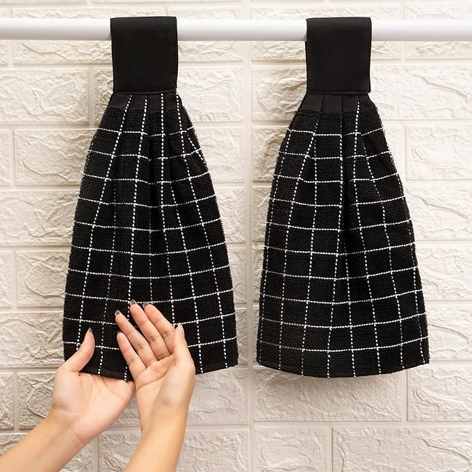 Blue Needles Hanging Kitchen Towels - Black 100% Cotton Solid Kitchen Tie Towel, Set of 2 Hand Dish Cloth with Hanging Loops 9 x 17 Inches, Absorbent, Super Soft, and Fast Drying Home Essential