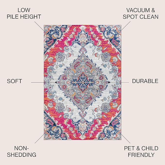 JONATHAN Y Boho Vintage Multi Indoor Area Rug, 3x5, Bohemian Flair Medallion, Chic, Floral, High Traffic for Living Room, Bedroom, Kitchen, Pet Friendly, Non-Shedding (BMF105A-3)
