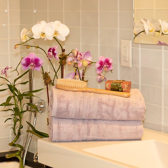 Mosobam Luxury Turkish Set of 2 Bath Towels 30X58 Lavender Aura Oversize 700 GSM Bamboo Viscose & Aegean Turkish Combed Cotton