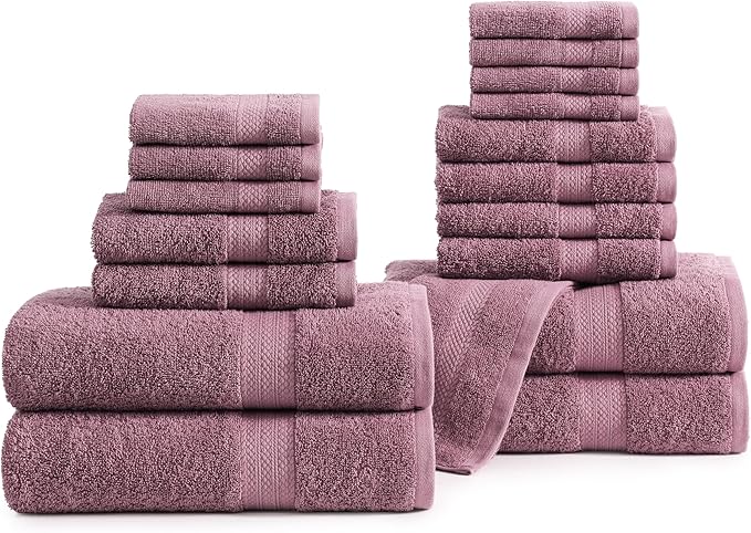 LANE LINEN 100% Ring Spun Cotton Bath Towel Set, 18PCs - 4 Shower Towels, 8 Washcloths, 6 Hand Towels for Bathroom - Sustainably Produced, Ultra Soft & Highly Absorbent - Wistful Mauve