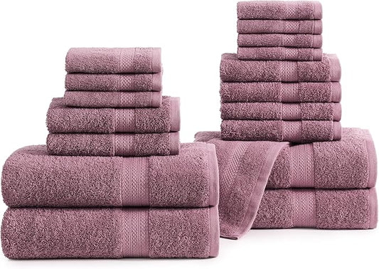 LANE LINEN 100% Ring Spun Cotton Bath Towel Set, 18PCs - 4 Shower Towels, 8 Washcloths, 6 Hand Towels for Bathroom - Sustainably Produced, Ultra Soft & Highly Absorbent - Wistful Mauve