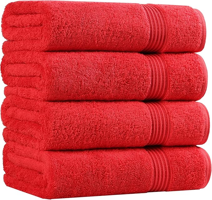 Superior Egyptian Cotton Bath Towel Set, Towels for Home Bathroom, Master, Guest Bath, Decor Essentials, Quick Dry, Absorbent, Large Body Towels, Spa, Hotel, Resort, Adult, Kids, Set of 4, Red