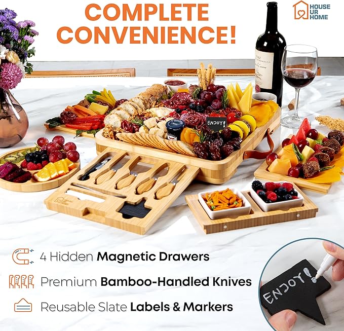 Large Bamboo Charcuterie Board Gift Set – 4 Hidden Drawers, Cheese Knives, Ceramic Bowls & Plates – Perfect Christmas, Holiday, or Housewarming Gift