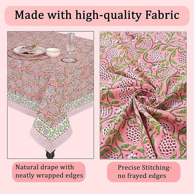 Ridhi Strawberry Pink Hand Block Print Cotton Rectangle Tablecloth 120" x 60" inches Reusable Table Cover Decorative Everyday Use for Dining, Farmhouse, Home, Party, Festive, Wedding, Fall