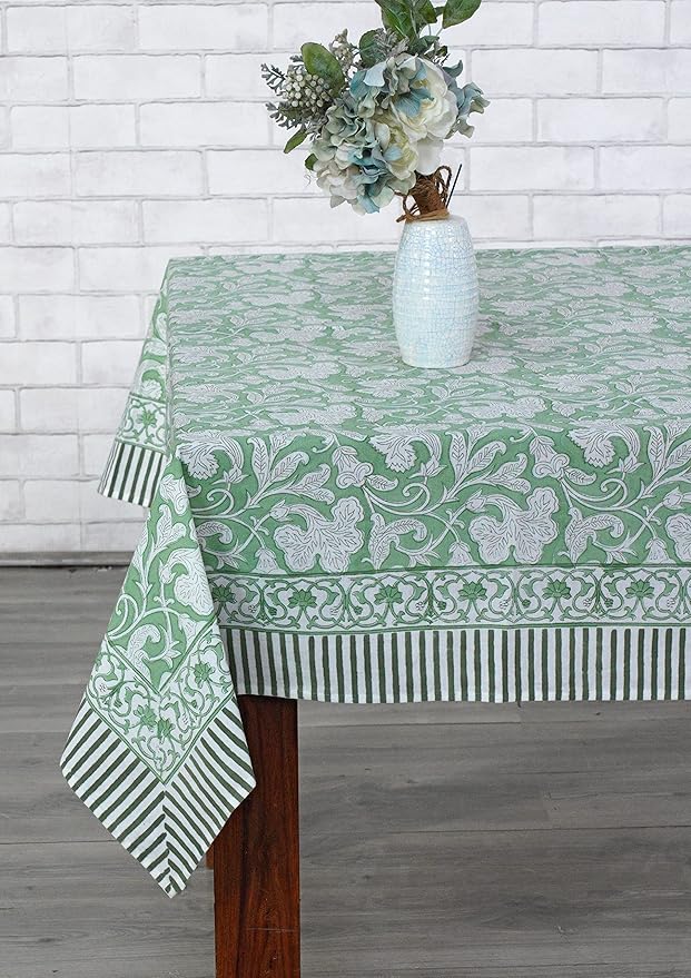 Ridhi Sage Green Hand Block Print Cotton Rectangle Tablecloth 160" x 72" inches Reusable Table Cover Decorative Everyday Use for Dining, Farmhouse, Home, Party, Festive, Wedding, Fall