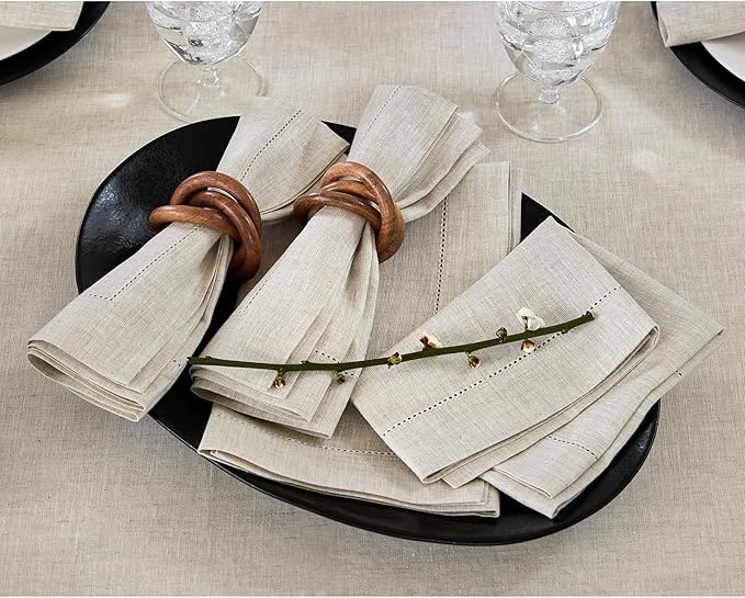 Solino Home Light Natural Linen Napkins Set of 6-100% Pure Linen Hemstitch Dinner Napkins 20 x 20 Inch for Holiday, New Year - Classic Hemstitch