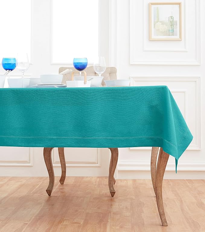 Solino Home Linen Teal Tablecloth 60 x 120 Inch - Classic Hemstitch, 100% Pure Linen Rectangular Tablecloth - Machine Washable Table Cloth for New Year