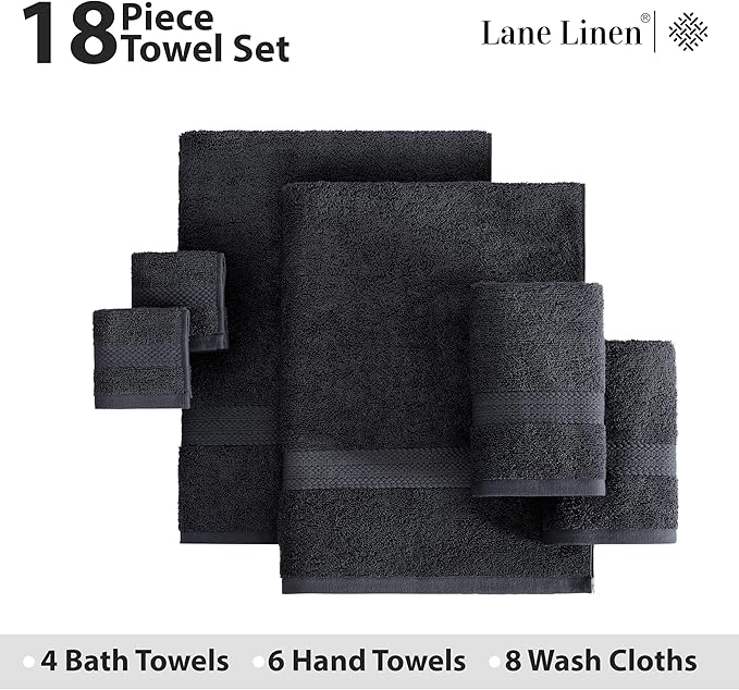 LANE LINEN 100% Ring Spun Cotton Black Bath Towel Set, 18PCs - 6 Hand, 8 Washcloths, 4 Shower Towels - Machine Washable & Sustainably Produced, Ultra Soft, Highly Absorbent & Pet Friendly