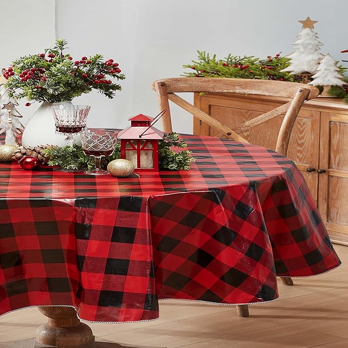 Newbridge Holiday Buffalo Plaid Vinyl Christmas Tablecloth with Flannel Backing, Red & Black Rustic Cottage Check, Wipe Clean, 60 x 84 Inch Oval