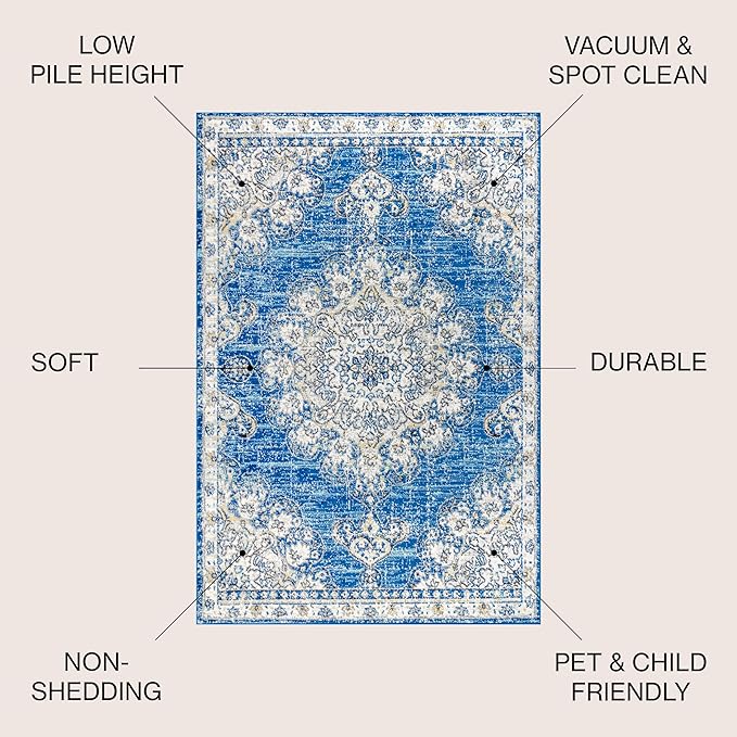 JONATHAN Y Boho Vintage Blue/Cream Indoor Area Rug, 5x8, Bohemian Flair Medallion, Chic, Floral, High Traffic for Living Room, Bedroom, Kitchen, Pet Friendly, Non-Shedding (BMF104B-5)