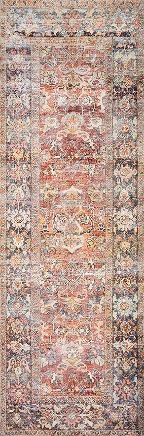 Loloi Layla Collection LAY-02 Spice/Marine 2'-6" x 12'-0" .13" Thick Runner Rug, Soft, Durable, Vintage Inspired, Distressed, Low Pile, Non-Shedding, Easy Clean, Printed, Living Room Rug