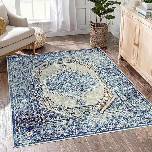 Easy-Going Area Rug 4x6 Washable Boho Rugs for Living Room Non-Slip Bedroom Rug Low Pile Lightweight Medallion Distressed Throw Rug for Dining Room Kitchen Home Office Carpet, Vintage Blue Cream