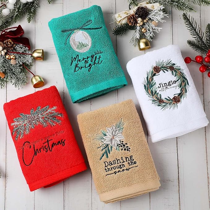 4 Pack Christmas Towels Cotton Embroidered Holiday Hand Towels Gifts 29.5'' x 13.8'' Soft Absorbent Festive Kitchen Dish Cloths Bathroom Decorative Xmas Guest Housewarming Party Supplies