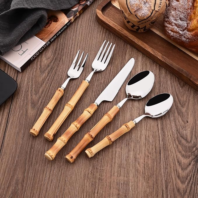 8-Piece Natural Bamboo Small Dessert Forks, 6.3 Inches Stainless Steel with Bamboo Handle, Cake Forks