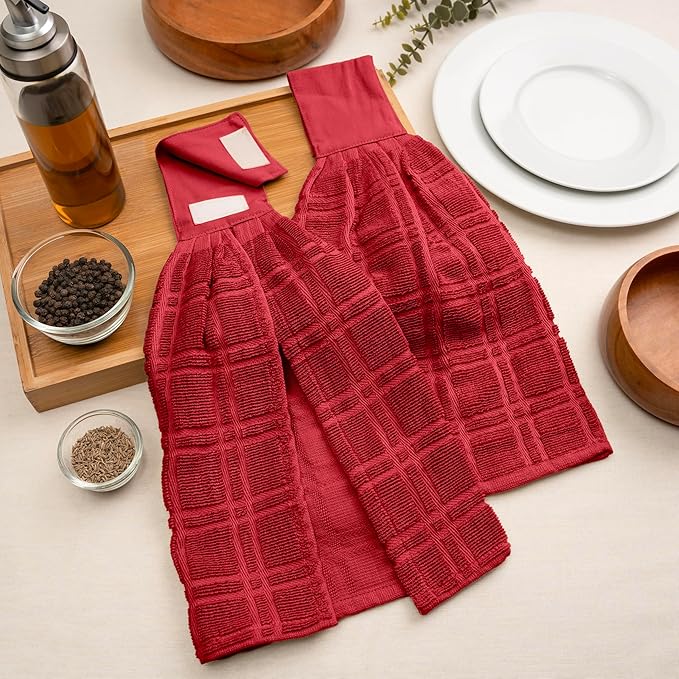 Blue Needles Hanging Kitchen Towels - Red 100% Cotton Solid Kitchen Tie Towel, Set of 2 Hand Dish Cloth with Hanging Loops 9 x 17 Inches, Absorbent, Super Soft, and Fast Drying Home Essential