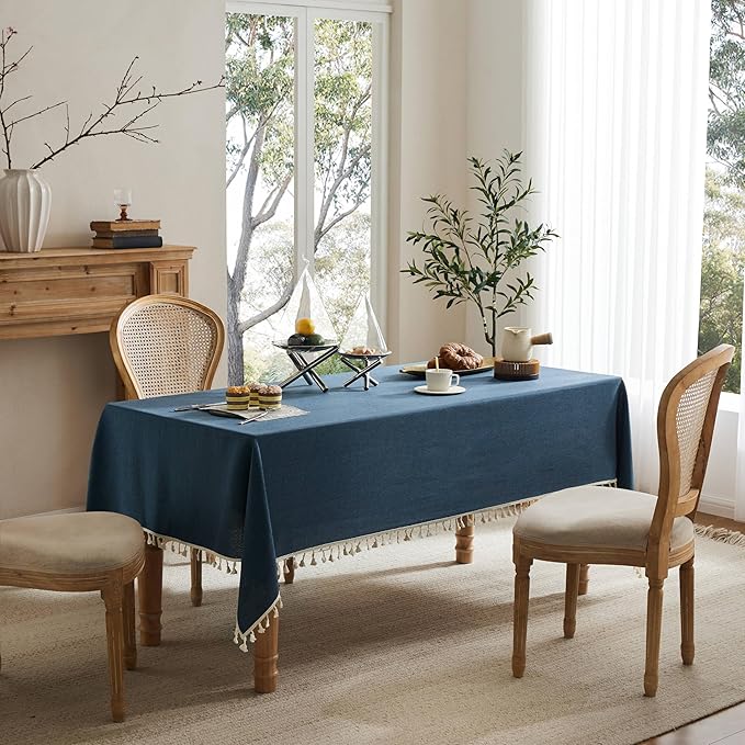 Linen Tablecloth with Tassels, Farmhouse Style Navy Tablecloth, Water Resistant Burlap Tablecloths for Square Table, 52x52 Inch Navy